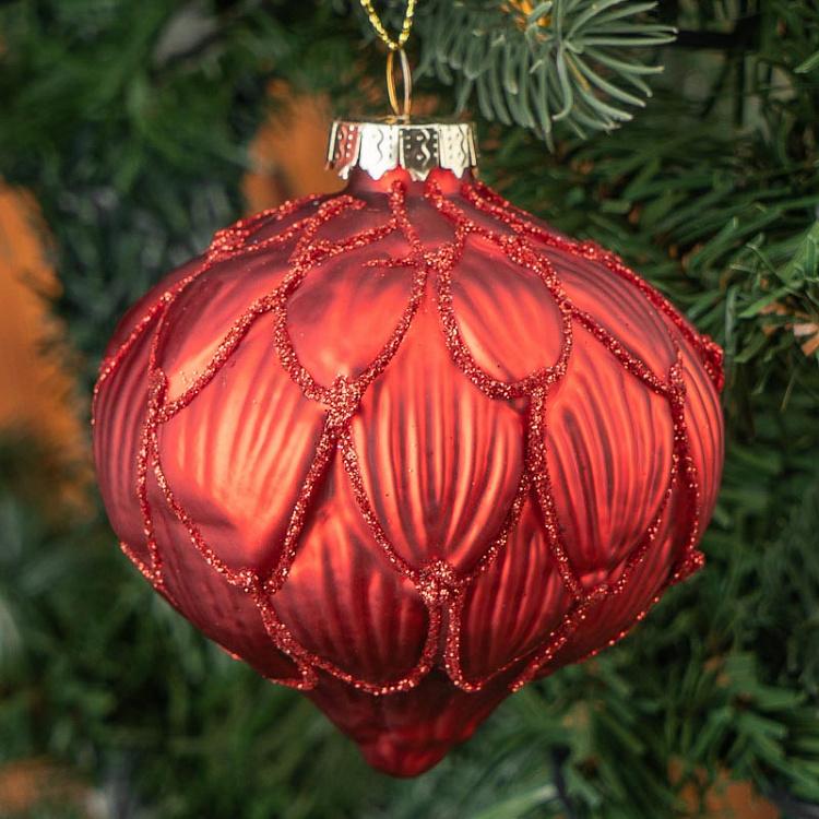 Набор из трёх красных ёлочных шаров Лепестки с блёстками Set Of 3 Glass Glitter 3D Petal Balls Red 8 cm