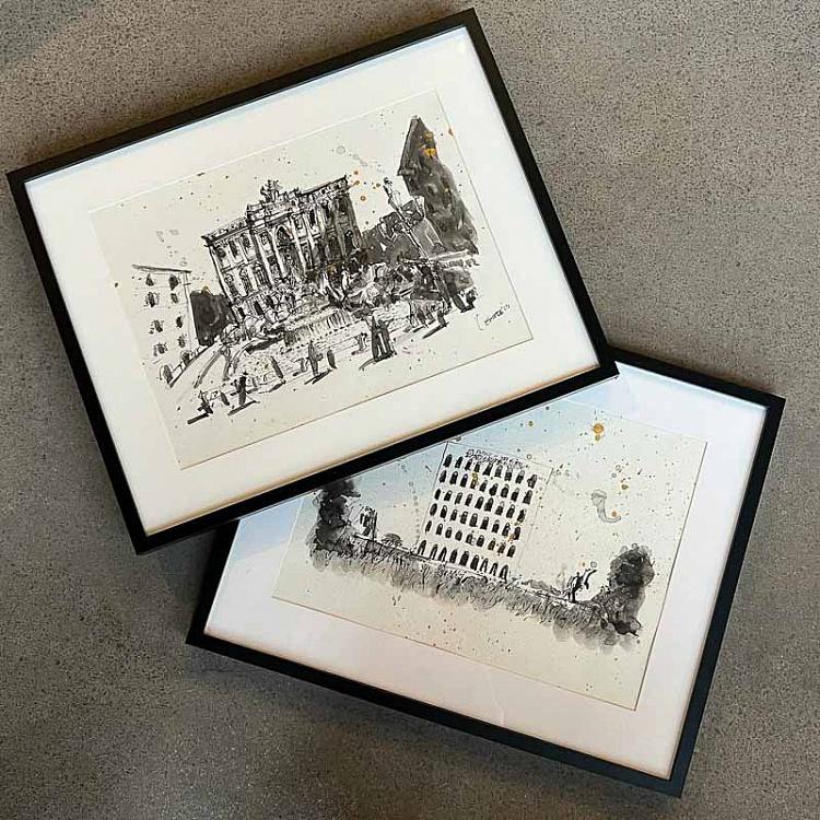 Рисунок тушью с золотом Фонтан Треви Fontana Di Trevi Drawing With Gold