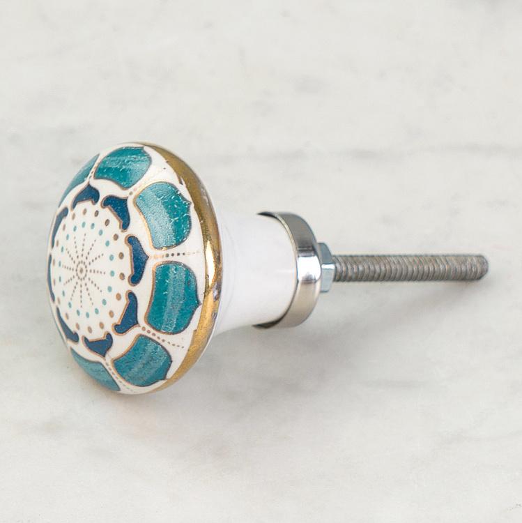 Мебельная керамическая ручка Ар-деко сине-золотая с сердцами Art Deco Hearts Blue And Gold Ceramic Knob