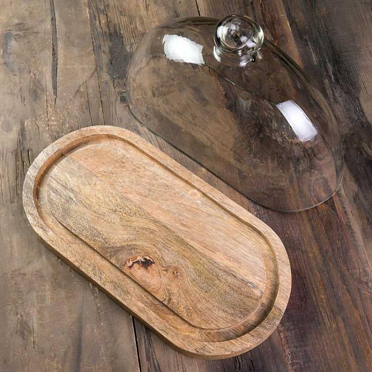 Деревянная доска со стеклянным колпаком Oval Wooden Cake Plate With Cover
