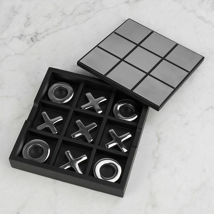 Настольная игра Металлические крестики-нолики в деревянной шкатулке Tic Tac Toe Box Shiny Steel