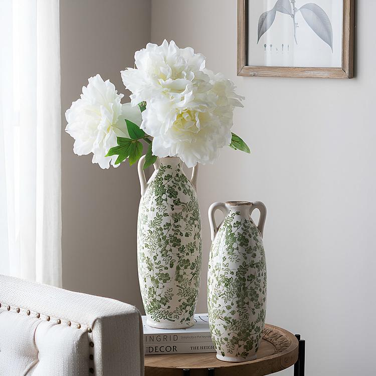 Ваза с узором из зелёных цветов и ручками высокая Flower Vase Tall Green