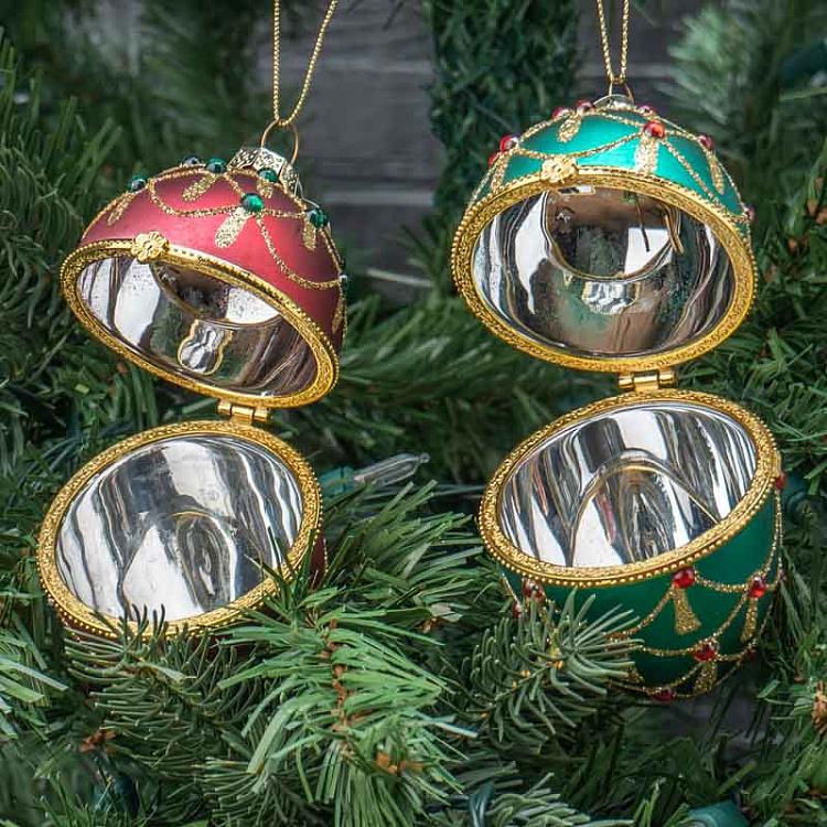 Набор из двух ёлочных игрушек-шкатулок Красное и зелёное яйцо Set Of 2 Glass Jewel Egg Boxes Red/Green 11 cm