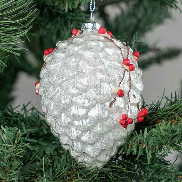 Ёлочная игрушка Белая шишка с птичкой Glass Bird Scene Pinecone White 12 cm
