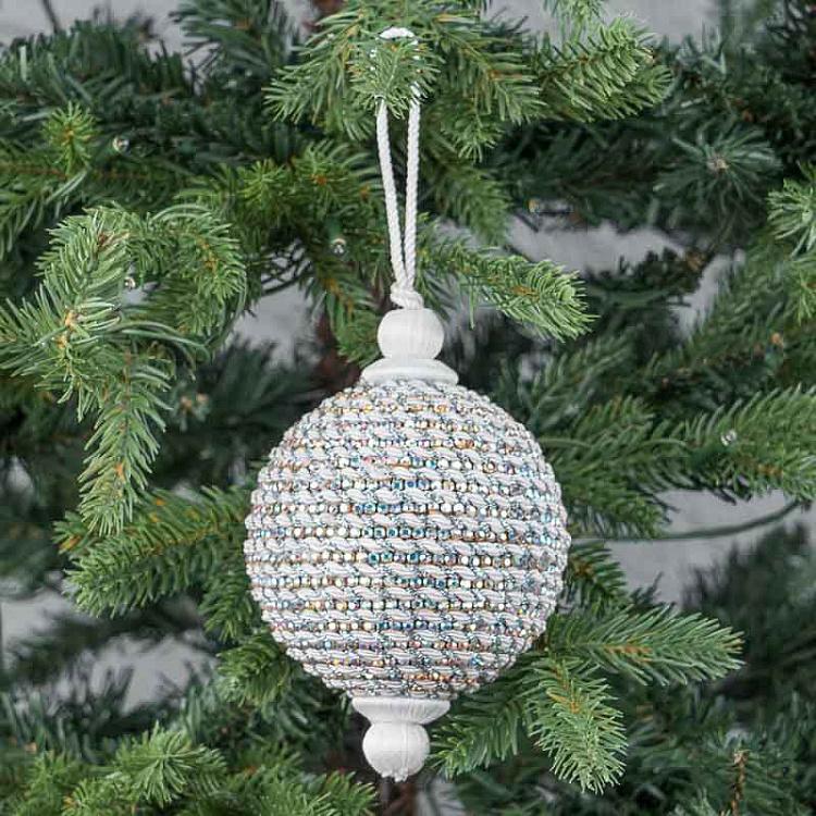Ёлочная игрушка белый Шар с серебристыми полосами Striped Ball White And Silver 15 cm
