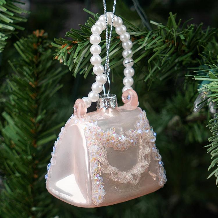 Ёлочная игрушка Сумочка с бусинами Glass Hanger Purse White With Beads 7 cm