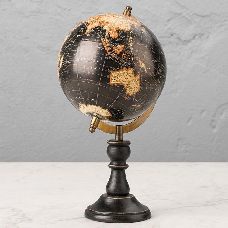Винтажный чёрный глобус на деревянном основании Vintage Globe Black On Black Base Mango Wood