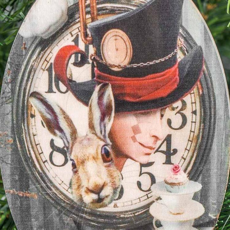 Деревянная ёлочная подвеска Шляпник, кролик и часы Wood Pendant With Hatter, Rabbit And Clock 20 cm
