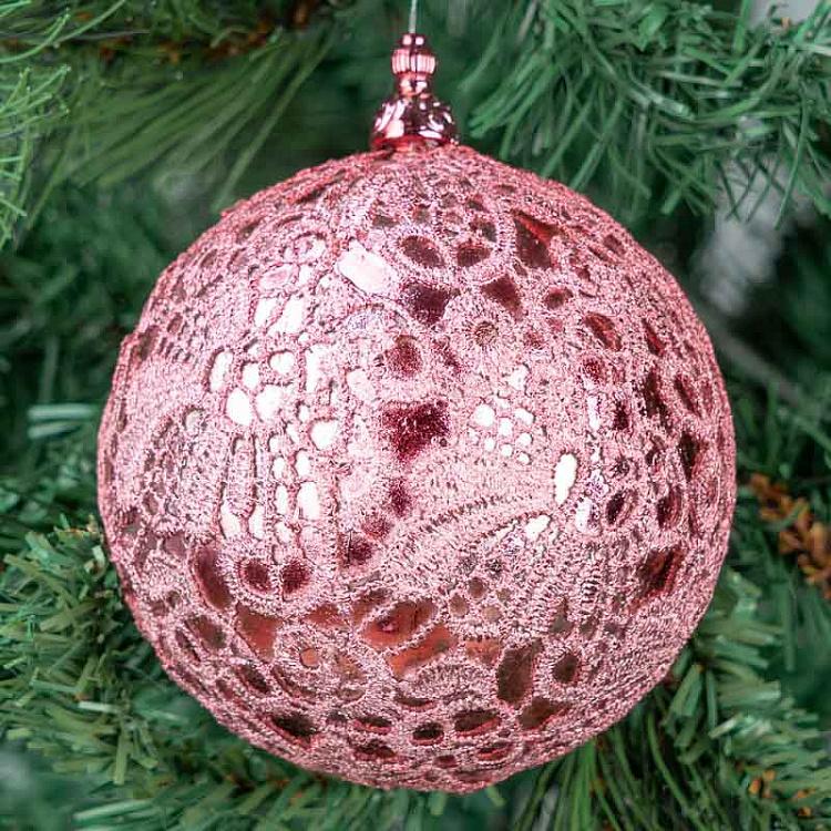 Розовый ёлочный шар с кружевом, M Lace Ball Pink 10 cm
