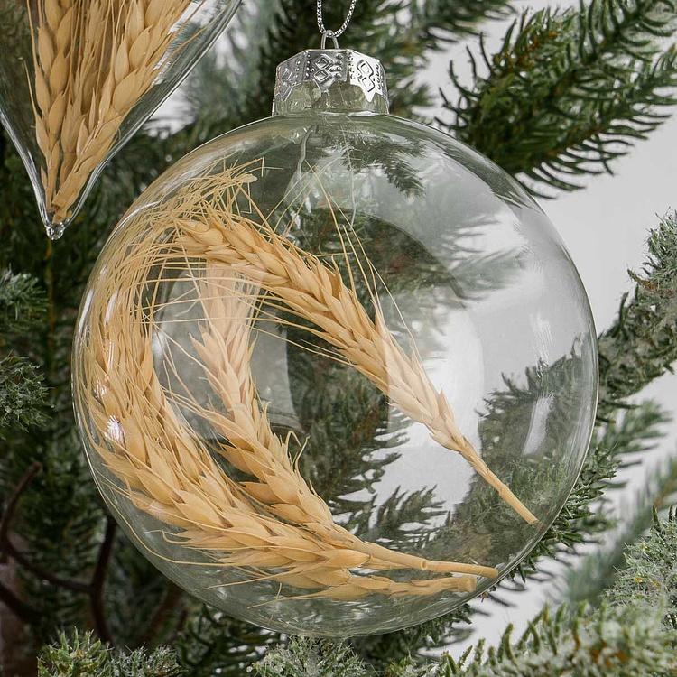 Набор из трёх ёлочных игрушек с колосьями внутри Set Of 3 Glass Dried Ear Of Corn Ball Clear 10 cm