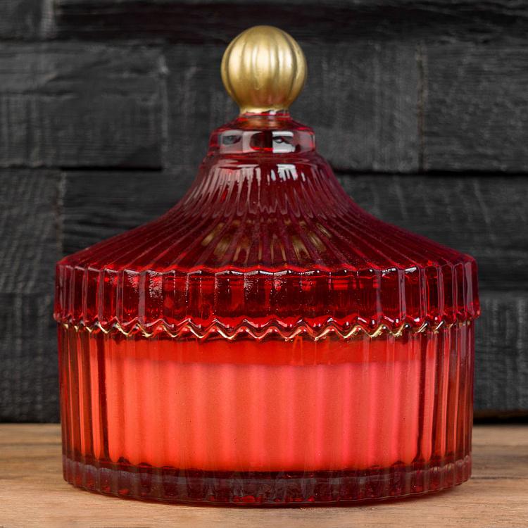 Аромасвеча в красном рифлёном стакане Фиолетоволистная роза, L Aroma Candle In Red Striped Glass Berry Rose Large