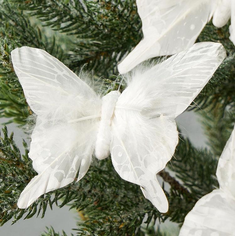 Набор из трёх ёлочных игрушек на клипсе Белые бабочки Set Of 3 Plume Butterflies On Clip White 11 cm
