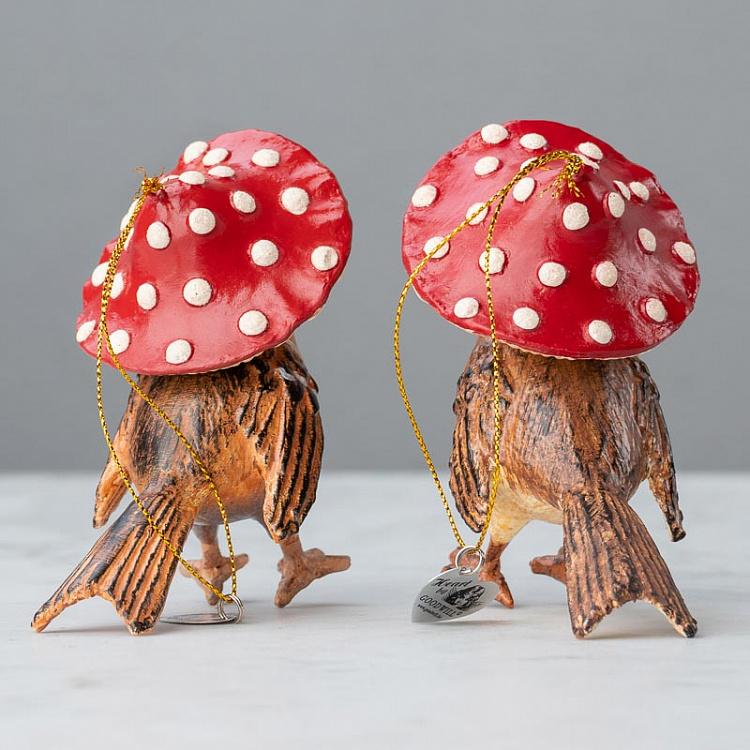 Набор из двух ёлочных игрушек Птицы под мухоморами Set Of 2 Mushroom Birds Brown/Red 12,5 cm