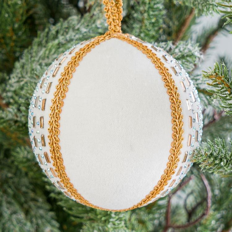 Ёлочная игрушка Белый бархатный шар с золотистыми стразами Rhinestones Textile Ball White 9 cm