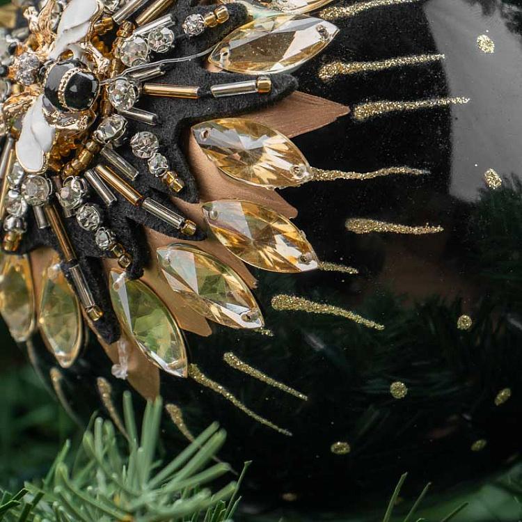 Черно-золотой ёлочный шар со стразами и пчелой Glass Jewel 3D Bee Ball Black/Gold 12 cm