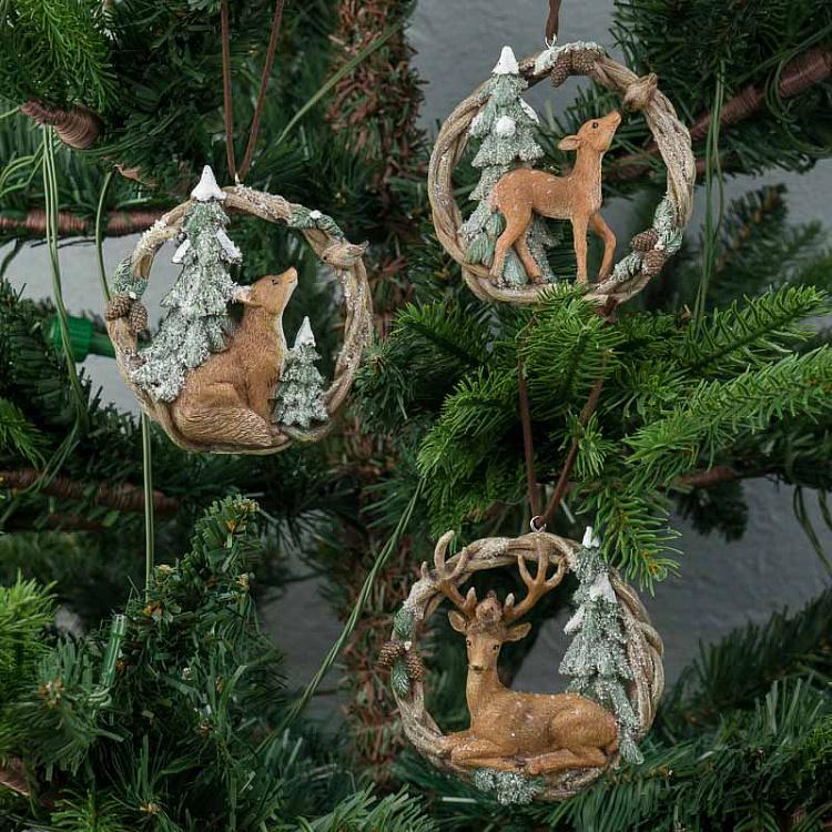 Набор из трёх ёлочных игрушек Олени и лиса в венке Set Of 3 Deers And Fox In Wreath 10 cm