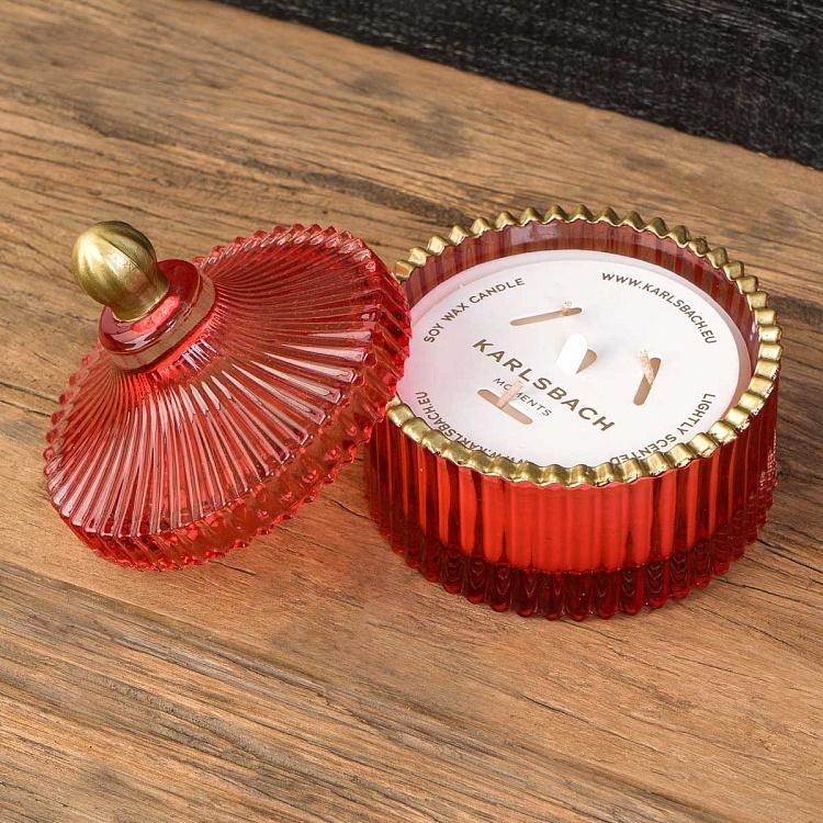 Аромасвеча в красном рифлёном стакане Фиолетоволистная роза, S Aroma Candle In Red Striped Glass Berry Rose Small