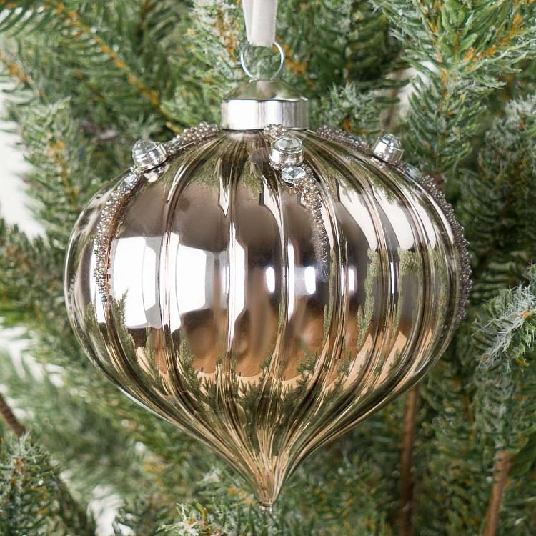 Ёлочная игрушка Серебристая луковица со стразами Bulb Ball With Rhinestones Silver 10 cm