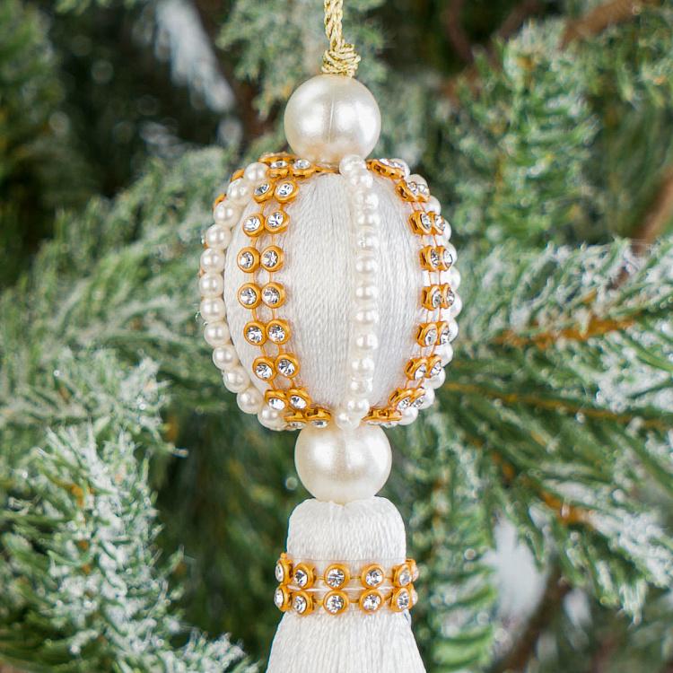 Новогодняя подвеска Белая кисточка с шариком и жемчужинами Pearls Ball Pendant With White Tassel 16 cm