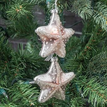 Glass Glitter Pendant Of 2 Starfish White/Pink