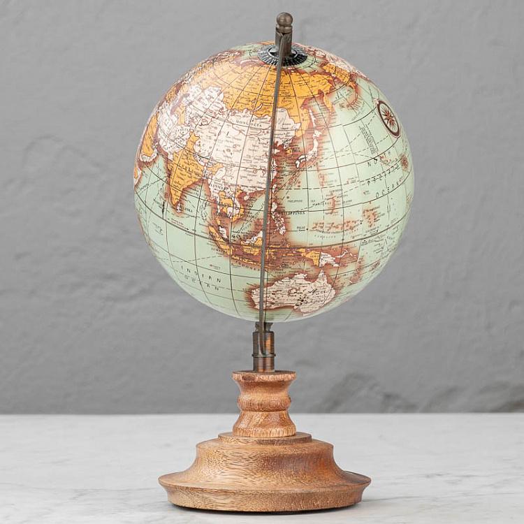 Винтажный зелёный глобус на деревянном основании Vintage Globe Green Gold On Natural Base