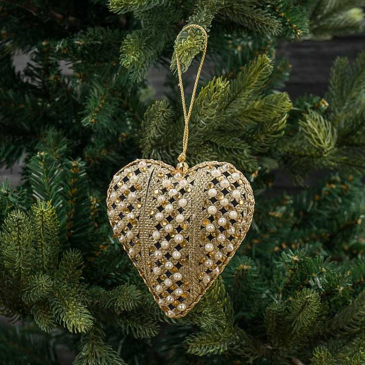 Ёлочная игрушка Чёрно-золотое сердце с жемчужинами Heart With Pearls Black Gold 12 cm