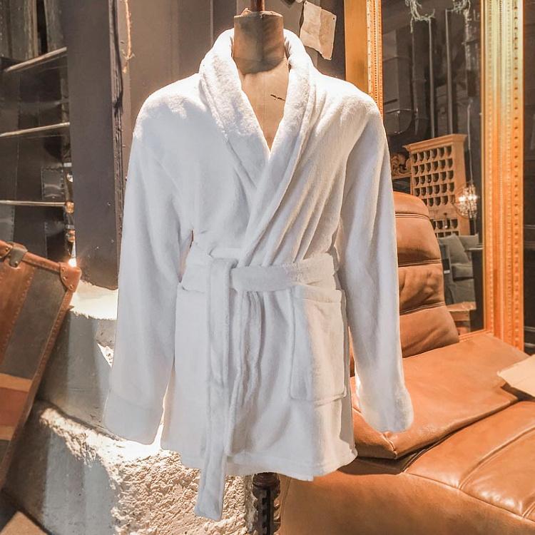 Белый махровый банный халат, размер M Peignoir Court Blanc Ceinture 2 Poches, Taille Medium
