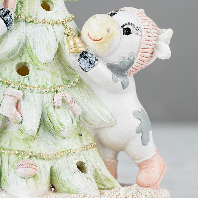 Новогодняя фигурка с подсветкой Бычки и ёлочка Calves With Christmas Tree 14 cm