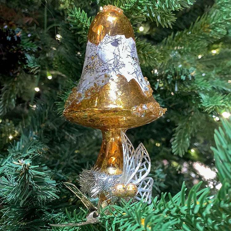 Ёлочная игрушка на прищепке Коричневый гриб Glass Antique Mushroom Brown On Clip 13 cm