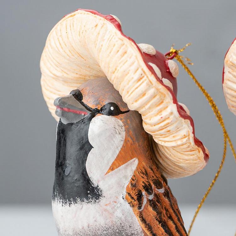 Набор из двух ёлочных игрушек Птицы под мухоморами Set Of 2 Mushroom Birds Brown/Red 12,5 cm