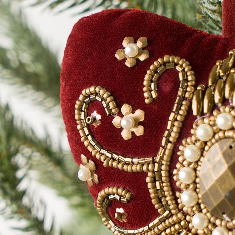 Ёлочная игрушка Красное бархатное сердце с золотистым орнаментом из бисера Bead Ornament Velvet Heart Red 10 cm