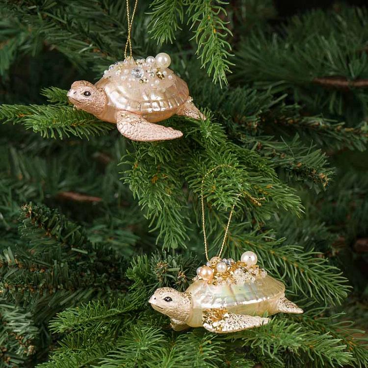 Набор из двух ёлочных игрушек Кремовая и розовая черепахи Set Of 2 Glass Turtles Cream Pink 9,5 cm