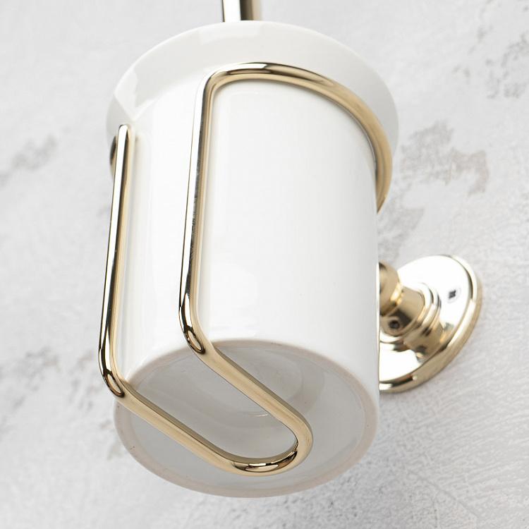 Настенный белый держатель с ёршиком в подставке золотого цвета Brush Holder Gold