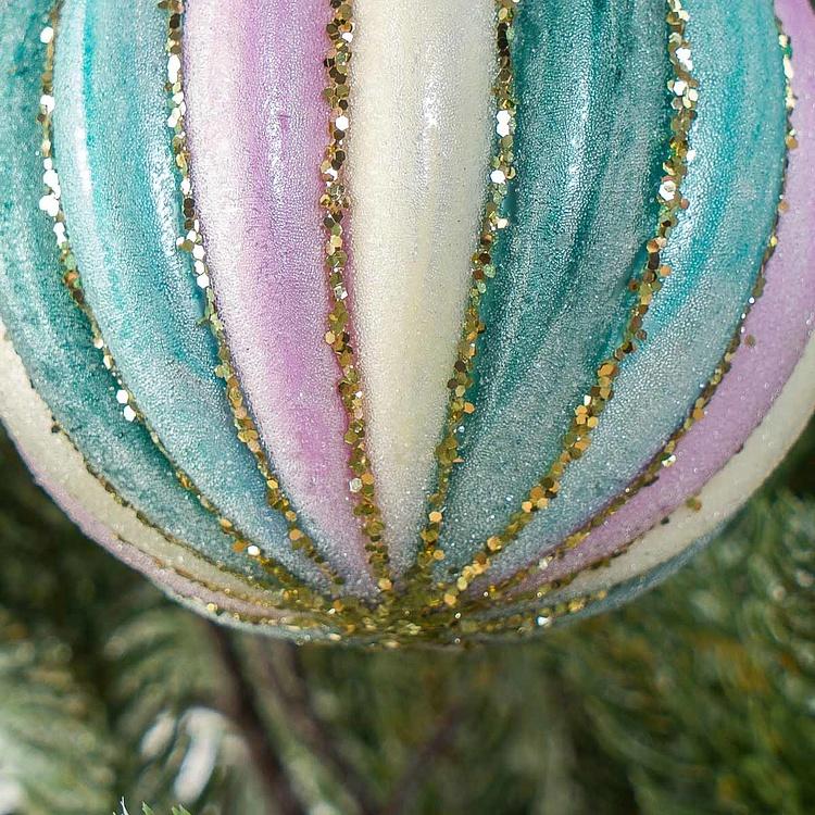 Ёлочная игрушка Розово-бирюзовый бархатный шар в полоску Velvet Striped Ball Pink Turquoise 8 cm