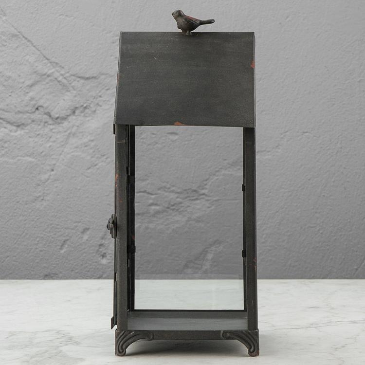 Подсвечник Скворечник с птицей Aged Gray Metal Lantern House Shape