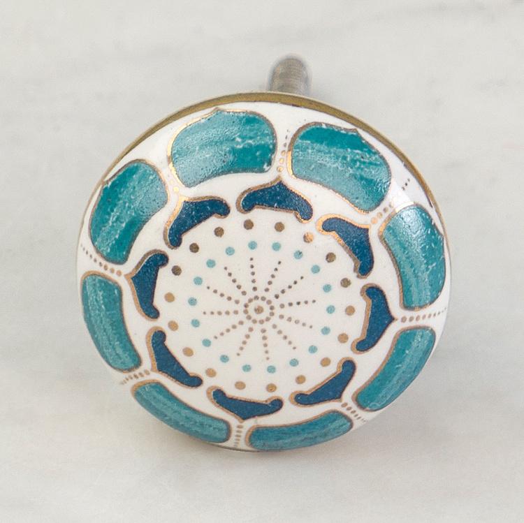 Мебельная керамическая ручка Ар-деко сине-золотая с сердцами Art Deco Hearts Blue And Gold Ceramic Knob