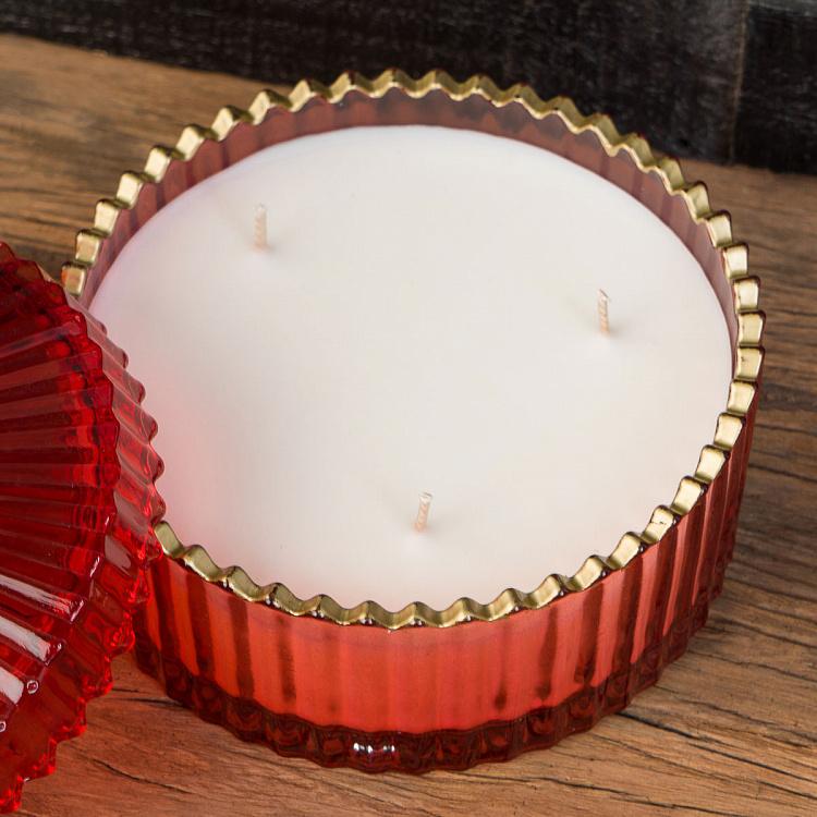 Аромасвеча в красном рифлёном стакане Фиолетоволистная роза, L Aroma Candle In Red Striped Glass Berry Rose Large