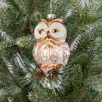 Glass Owl On Pine Brown Cream Green 12 cm