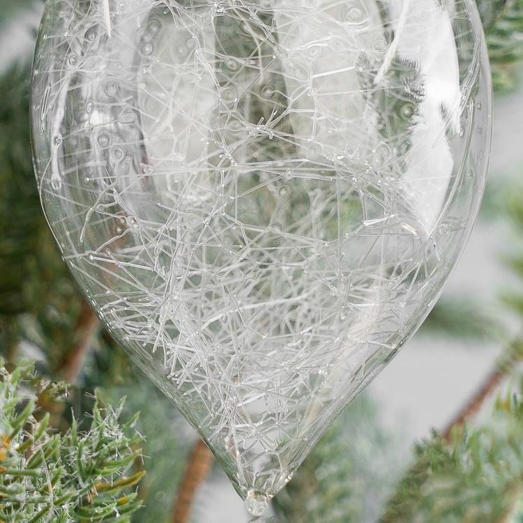 Набор из трёх прозрачных ёлочных игрушек с перьями сверху Set Of 3 Glass Plume Top Thread Ball Clear 8 cm