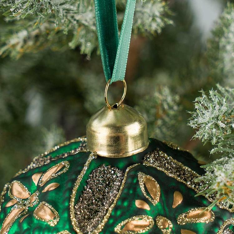 Ёлочная игрушка Зелёный многогранный шар с золотыми цветами, M Golden Flowers Multifaceted Ball Green 10 cm