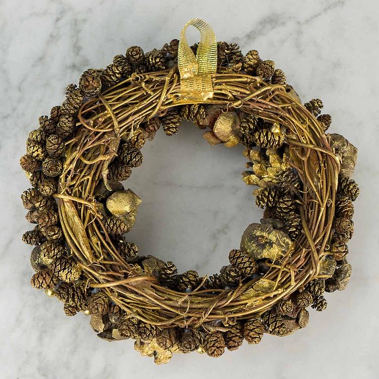 Новогодний золотистый венок с шишками Wreath With Pinecones 20 cm