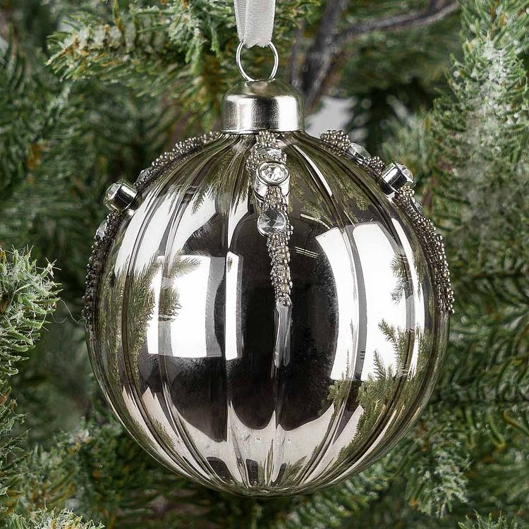 Ёлочная игрушка Серебристый стеклянный шар со стразами Ball With Rhinestones Silver 8 cm