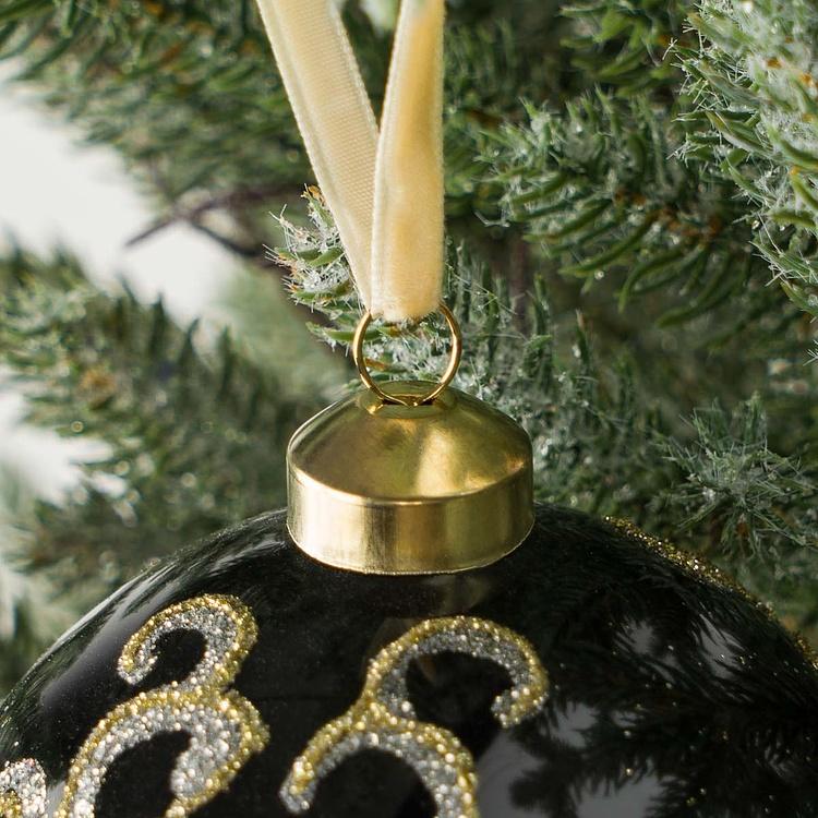 Ёлочная игрушка Чёрный шар с золотистым витиеватым узором Pattern Ball Black 10 cm
