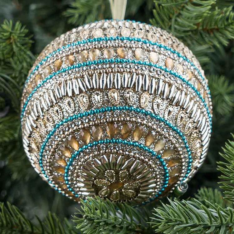 Ёлочная игрушка Золотисто-голубой шар с орнаментом из бисера Beads Ornament Ball Gold Blue 9 cm