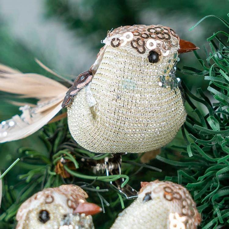 Набор из трёх ёлочных игрушек на прищепке Блестящие птички цвета розовое золото Set Of 3 Sequin Birds On Clip Pink/Rosy Gold 11 cm