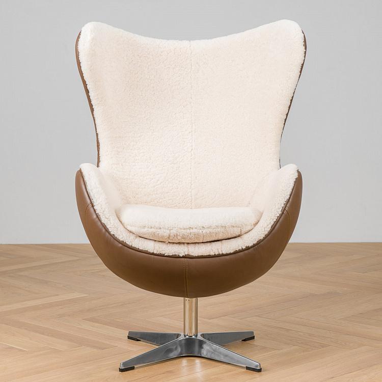 Кресло-яйцо белая овчина и кожа Eggchair White Sheep Skin And Leather Tenzing
