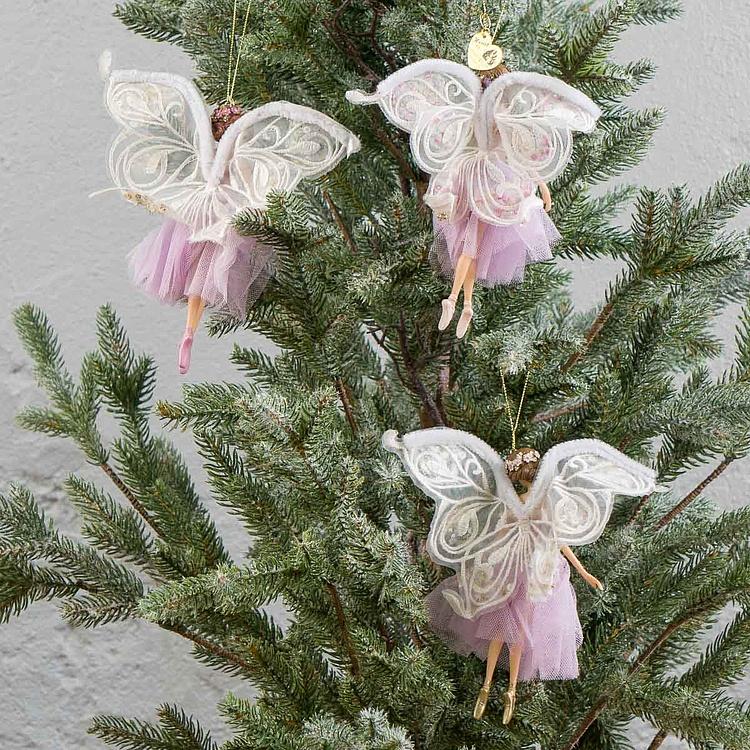 Набор из трёх ёлочных игрушек Крылатые феи в тюлевых платьях Set Of 3 Tulle Big Wing Fairies White Purple 19 cm
