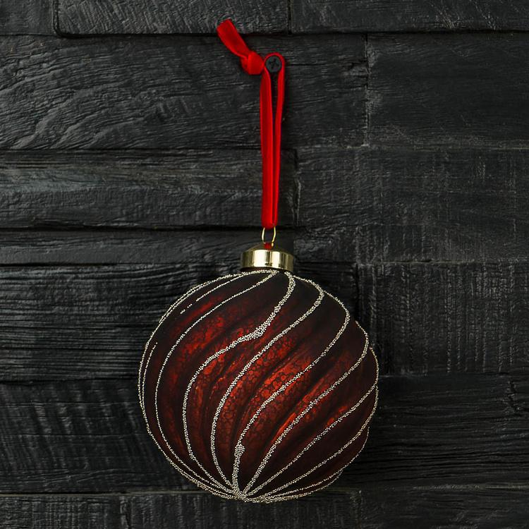 Ёлочная игрушка Бордовый шар с волнистыми полосками Wavy Stripes Ball Burgundy 10 cm