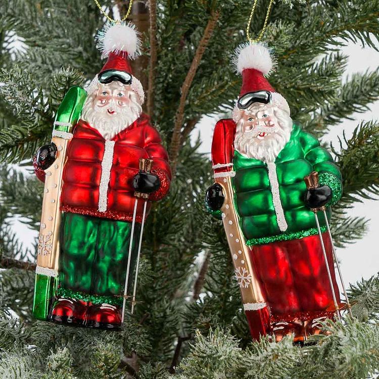Набор из двух ёлочных игрушек Санты с лыжами Set Of 2 Glass Santas With Skis Red Green 15 cm