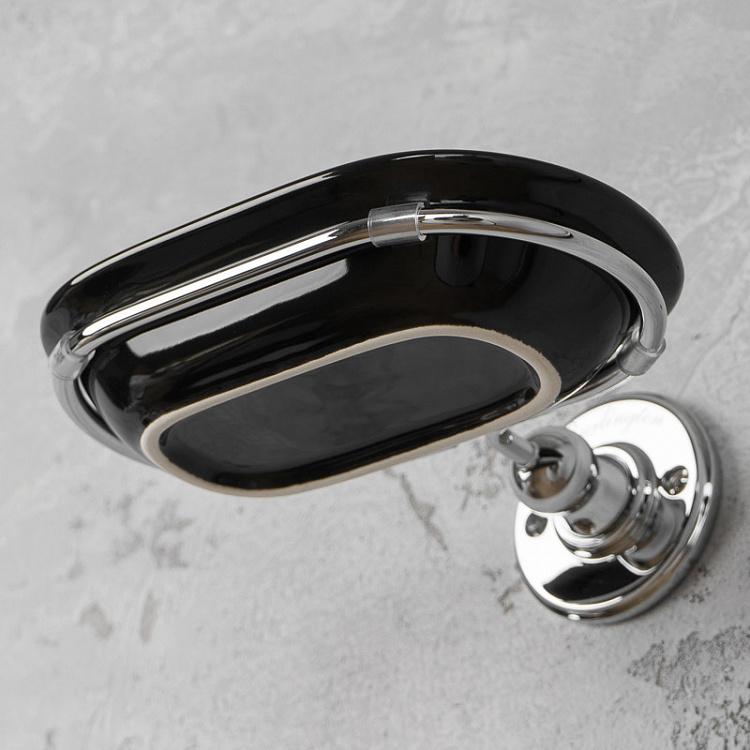Настенная овальная чёрная мыльница в подставке цвета хром Soap Dish Chrome And Black